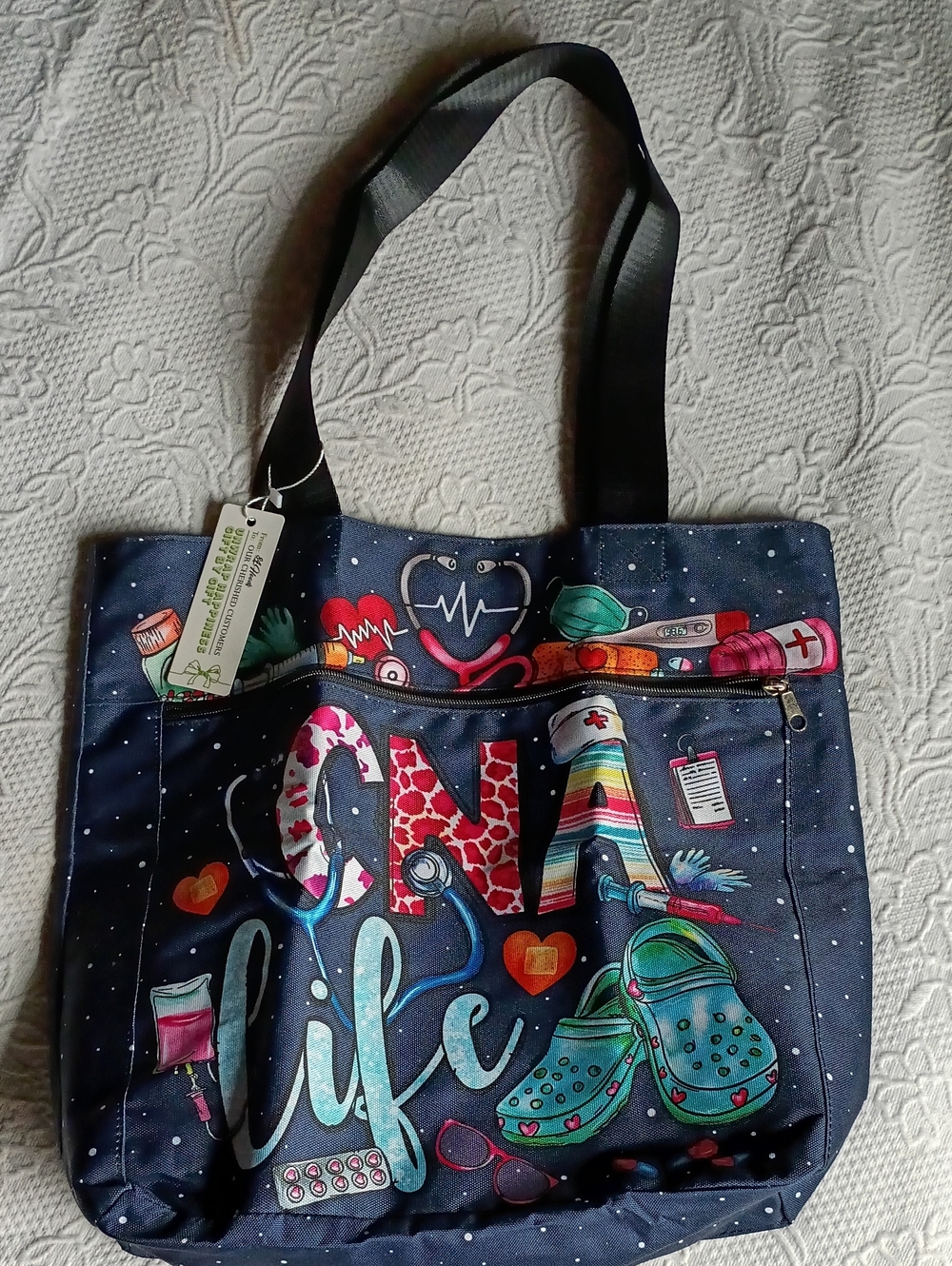 Navy CNA Life Canvas Tote Bag with Black Straps Large Work Super Cute Colorful